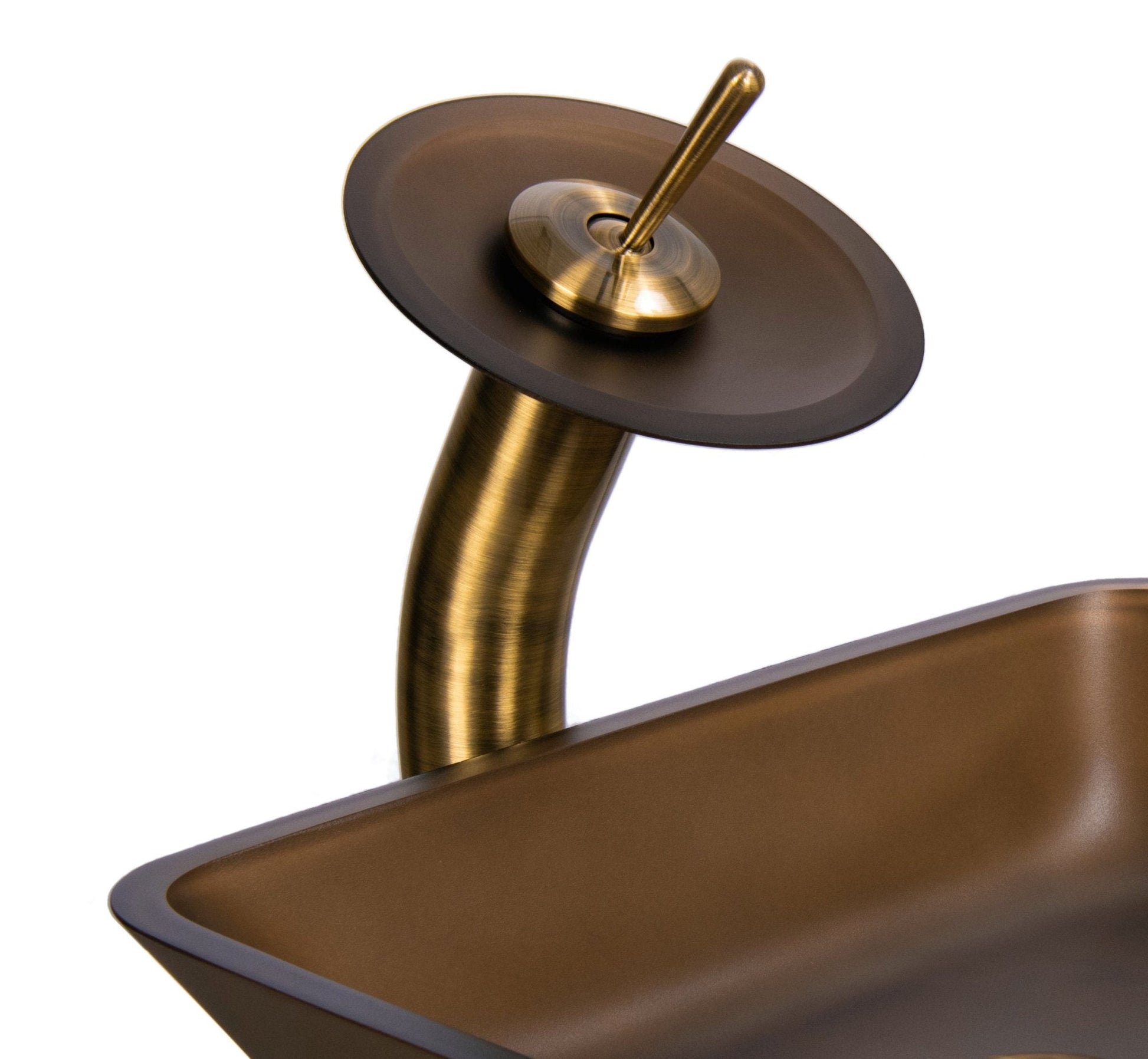 Luxusní nízká umyvadlová baterie v úpravě bronz s patinou a čirým skleněným diskem Waterfall Bathrooms