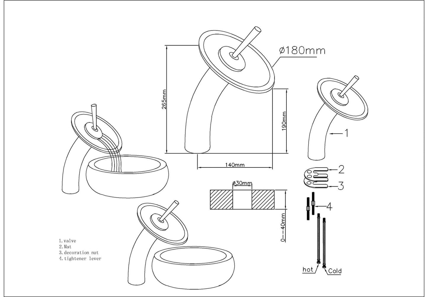 Luxusní nízká umyvadlová baterie v úpravě bronz s patinou a čirým skleněným diskem Waterfall Bathrooms