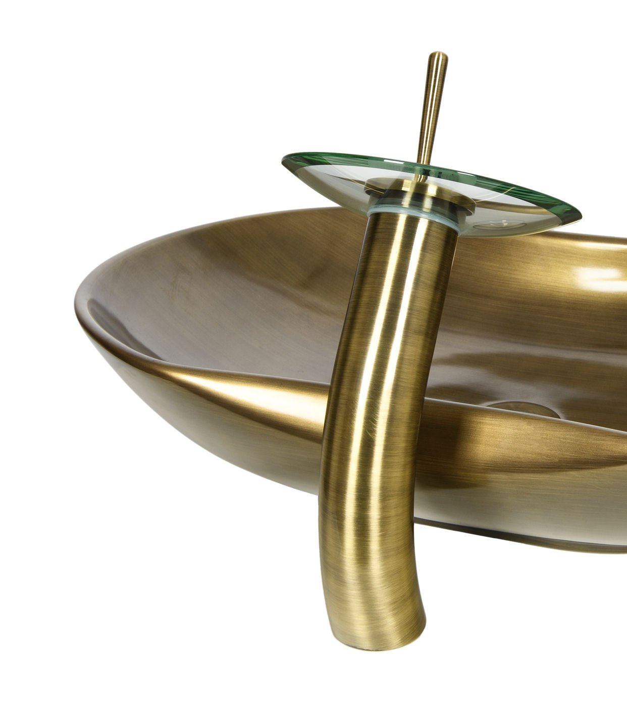 Luxusní nízká umyvadlová baterie v úpravě bronz s patinou a čirým skleněným diskem Waterfall Bathrooms
