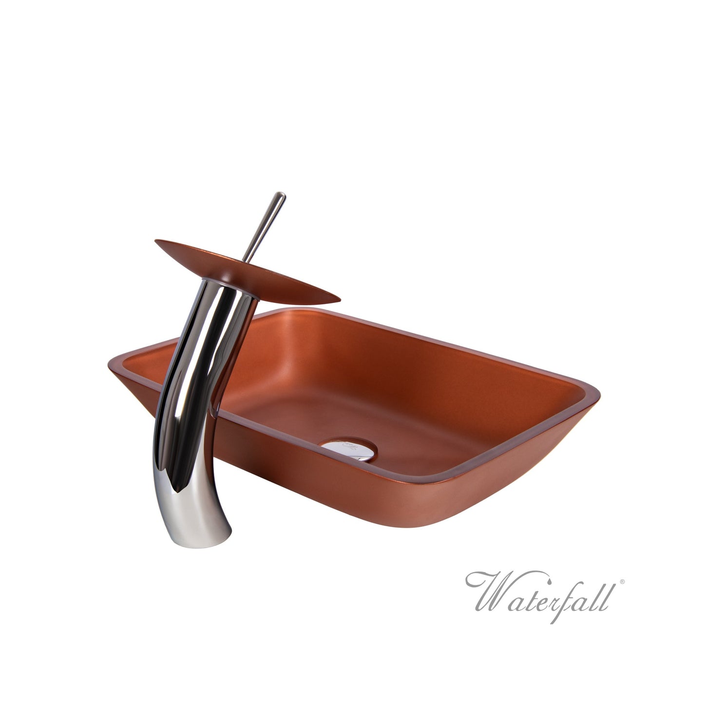 Cihlově červené skleněné umyvadlo na desku s chromovou vodopádovou baterií Waterfall Bathrooms