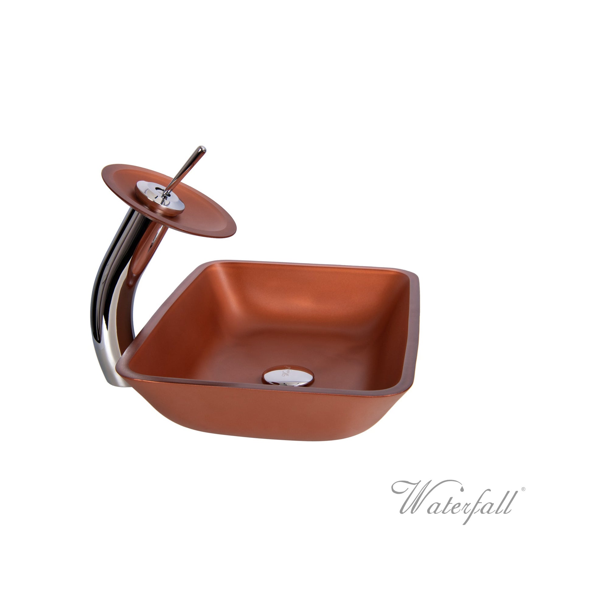 Cihlově červené skleněné umyvadlo na desku s chromovou vodopádovou baterií Waterfall Bathrooms