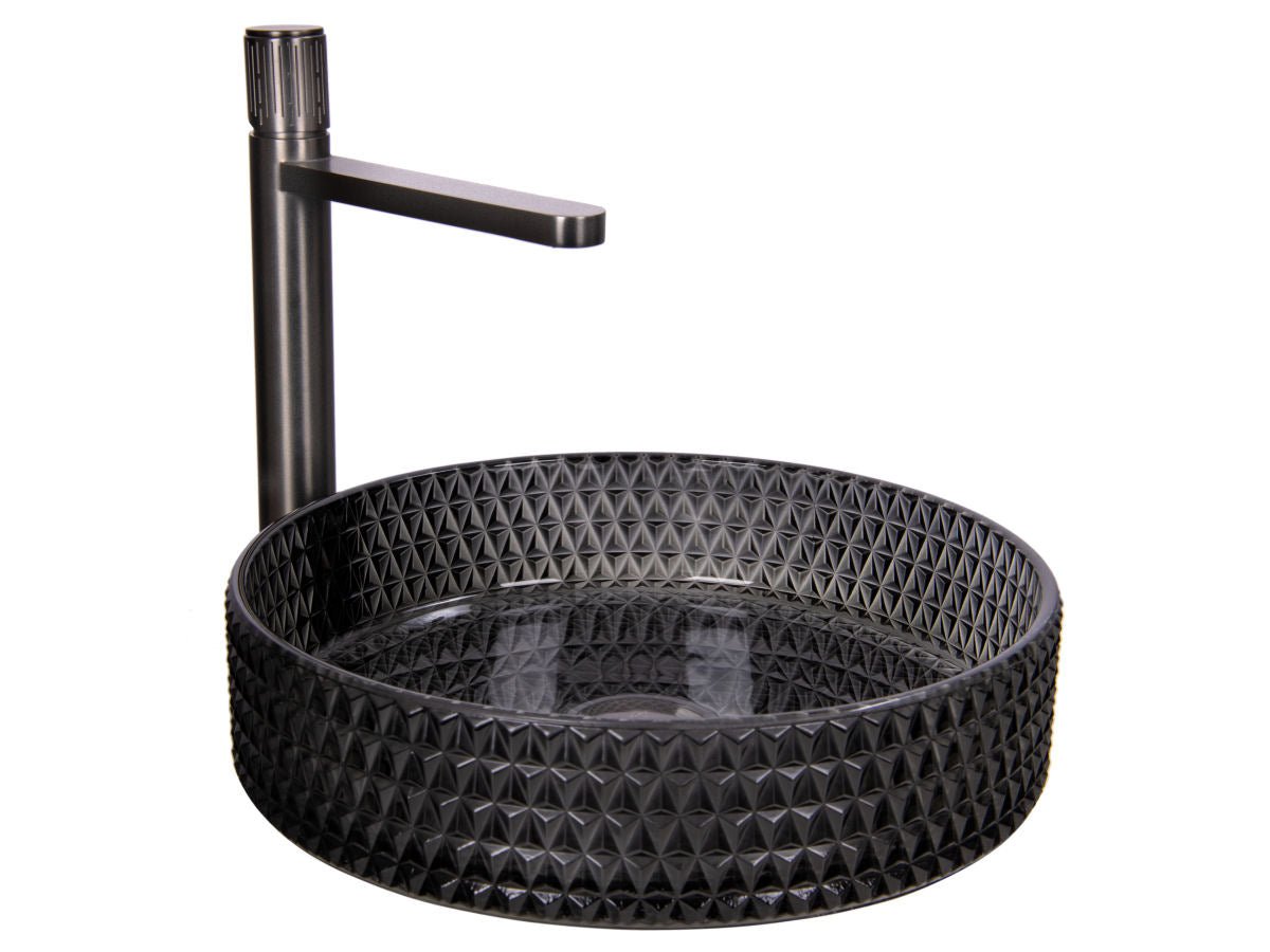 Luxusní set černého broušeného skleněného umyvadla a vysoké baterie Opera v barvě Gun Metal Waterfall Bathrooms