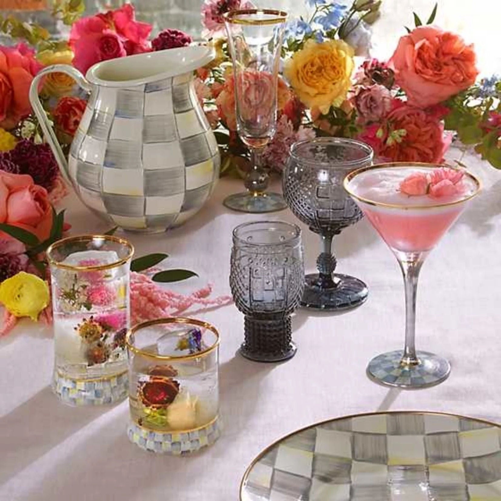 MacKenzie-Childs Sklenice na Martini Sterling Check, ručně foukané sklo, stříbrný kostkovaný vzor, 237 ml, Waterfall Bathrooms
