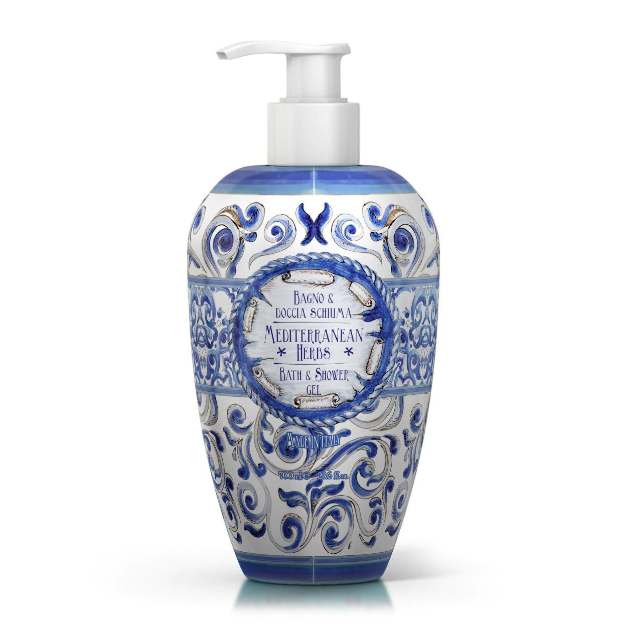 Sprchový gel a pěna do koupele Rudy Profumi Mediterranean Herbs, s vůní Myrty a Zázvoru, 700 ml, unisex, Waterfall Bathrooms.