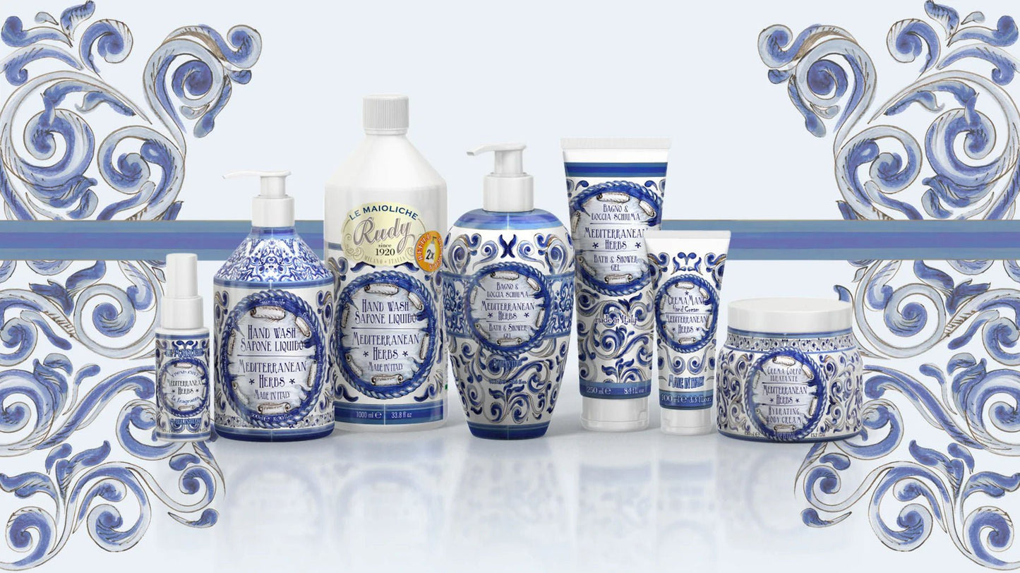 Sprchový gel a pěna do koupele Rudy Profumi Mediterranean Herbs, s vůní Myrty a Zázvoru, 700 ml, unisex, Waterfall Bathrooms.
