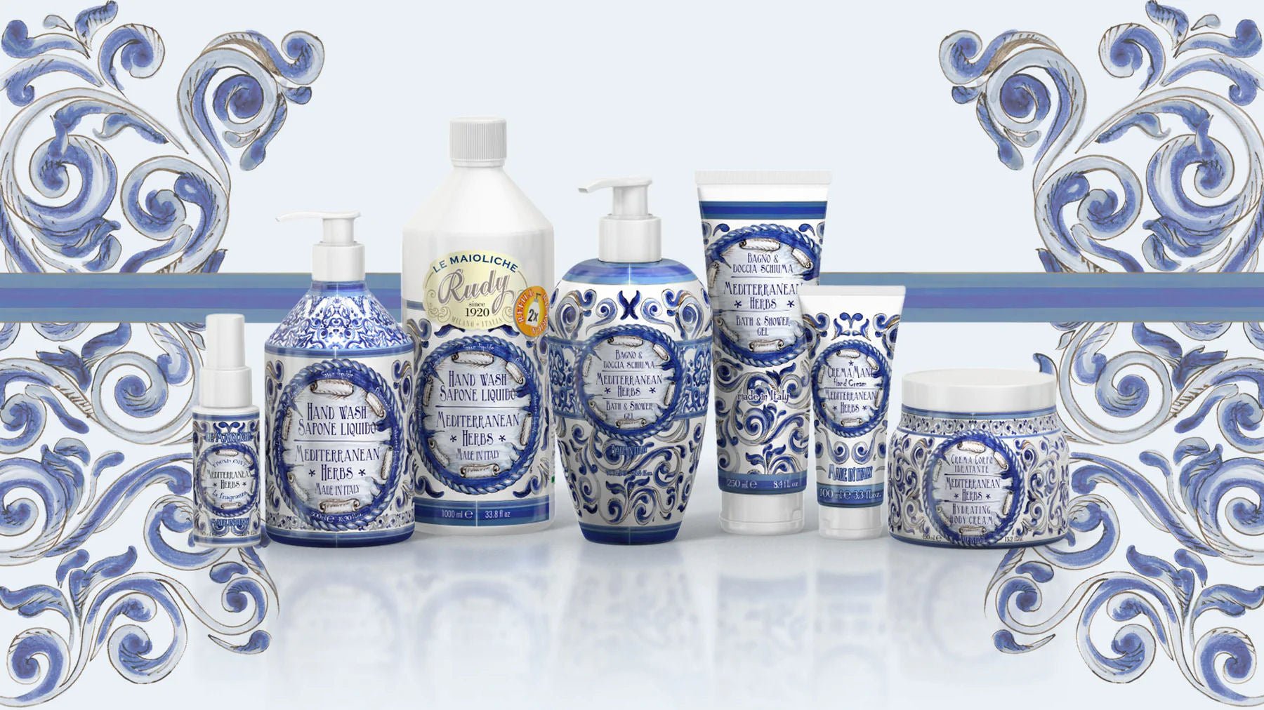 Sprchový gel a pěna do koupele Rudy Profumi Mediterranean Herbs, s vůní Myrty a Zázvoru, 700 ml, unisex, Waterfall Bathrooms.