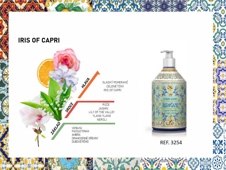 Tekuté mýdlo na ruce Rudy Profumi Iris of Capri, s vůní Kosatce (Iris) a Ylang Ylang, 500 ml, Waterfall Bathrooms.