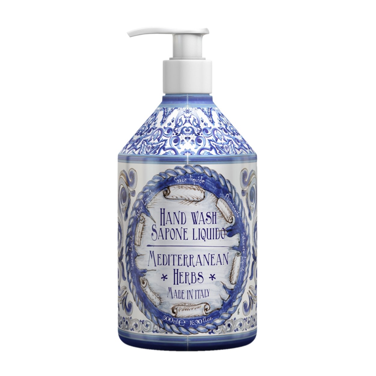 Tekuté mýdlo na ruce Rudy Profumi Mediterranean Herbs, s vůní Myrty a Zázvoru, 500 ml, Waterfall Bathrooms.