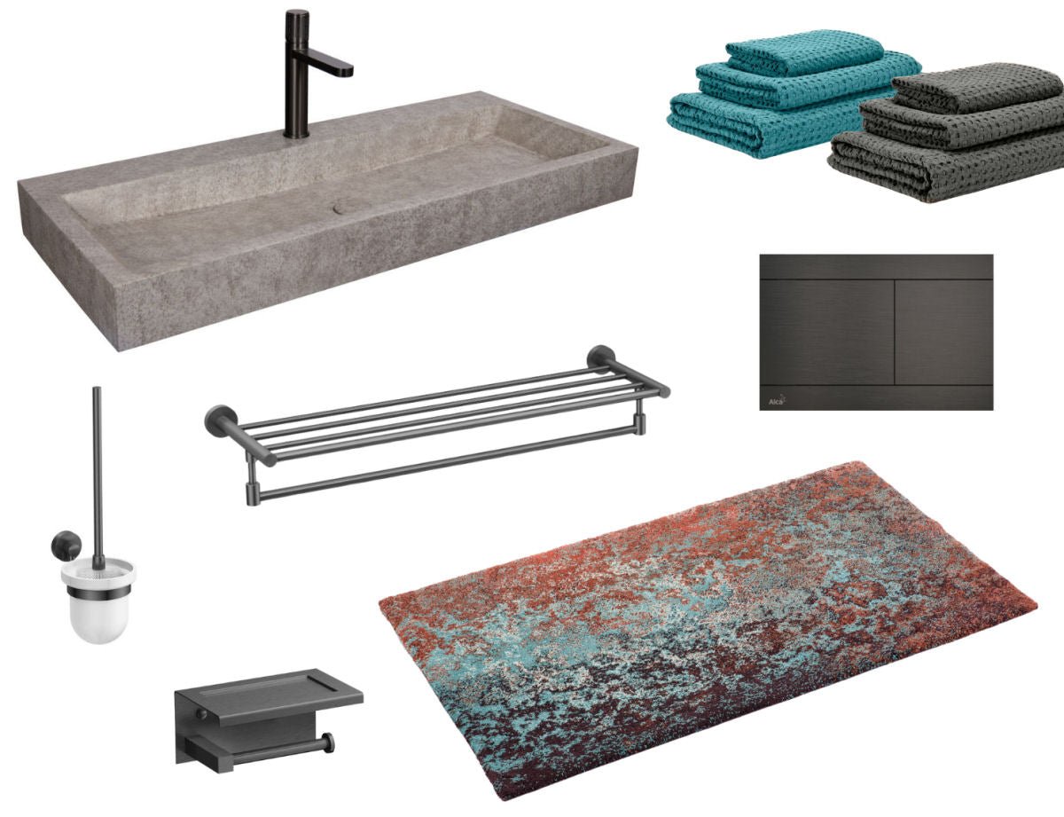 Velký mosazný držák na ručníky s poličkou v industriální barvě Gun Metal Waterfall Bathrooms